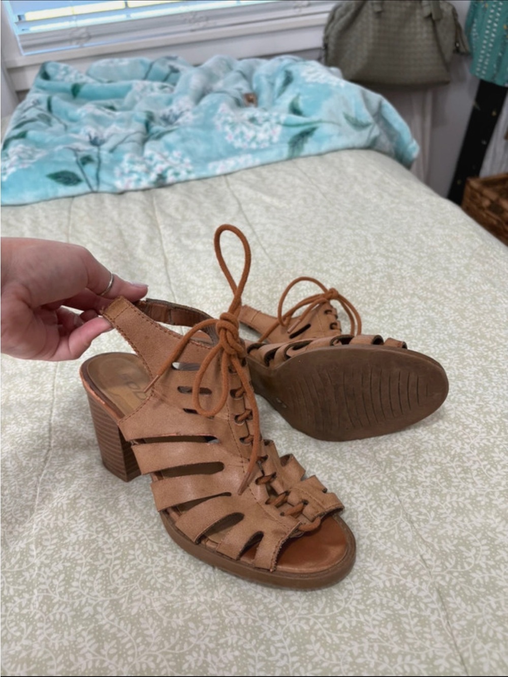 Tan Lace-Up Block Heel Sandals